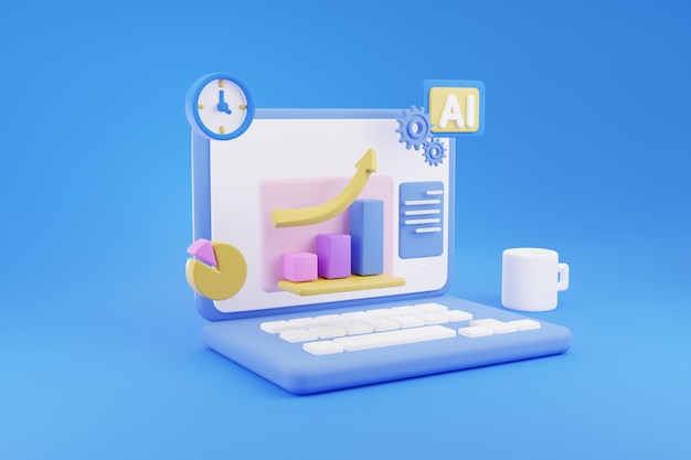 Blue laptop with bar graph investing using AI business administration 3d renderings