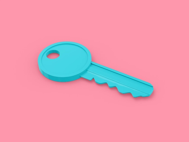 Blue mono color key on surface on pink solid background Minimalistic design object 3d rendering icon ui ux interface element