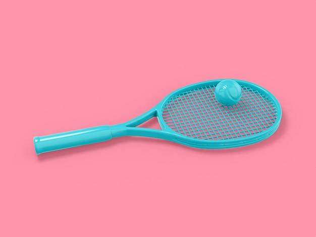 Blue mono color tennis racket with a ball on a pink solid background Minimalistic design object 3d rendering icon ui ux interface element