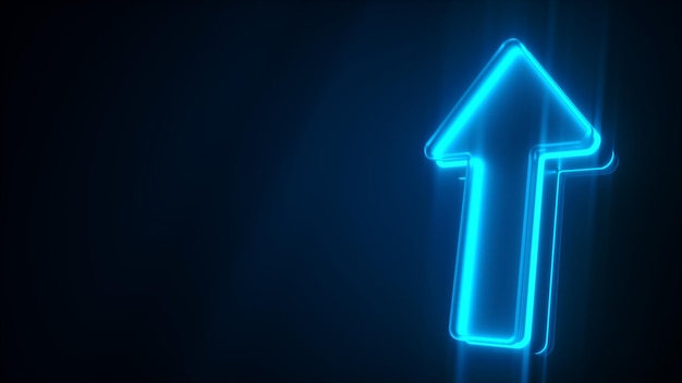 Blue neon arrow pointing upwards symbol of growth development data counting  3D rendering