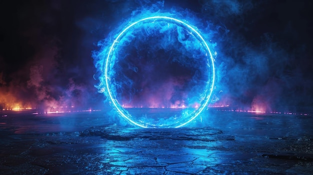 Blue Neon Circle in a Smoky Landscape
