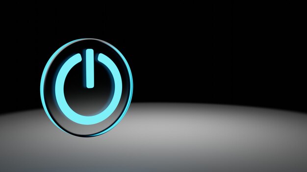 Blue neon on off symbol inside a crystal circle with copy space and dark background
