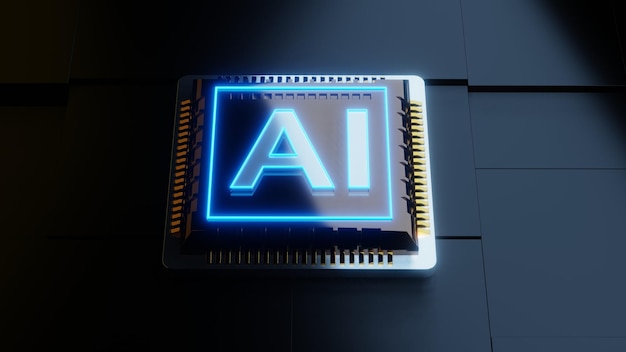 Blue neon sign on computer hi tech processor 3d render