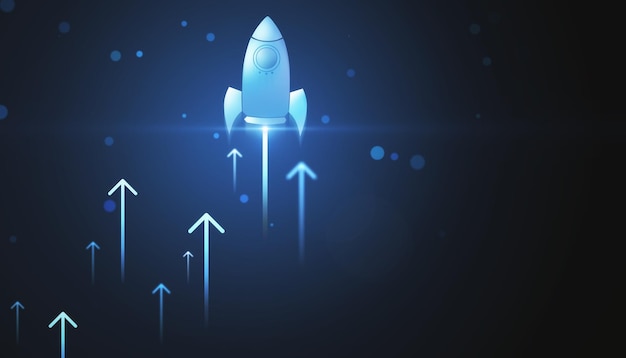 blue rocket ascending with glowing arrows on a dark business concept background growth and innovation concept 3d rendering