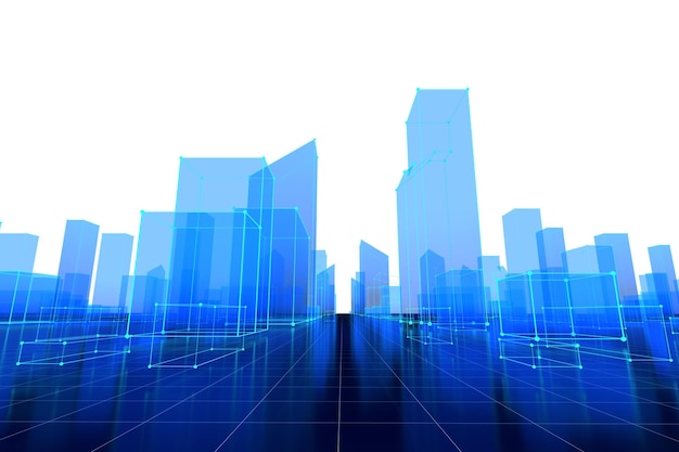 Blue wireframe png 3D buildings transparent background