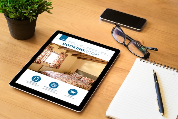 booking room screen tablet on desktop