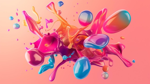 bright colorful abstract 3d liquid shapes splashing in midair on a gradient peach background