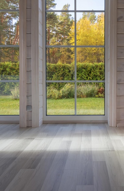 Bright photo studio interior with big window high ceiling white wooden floor