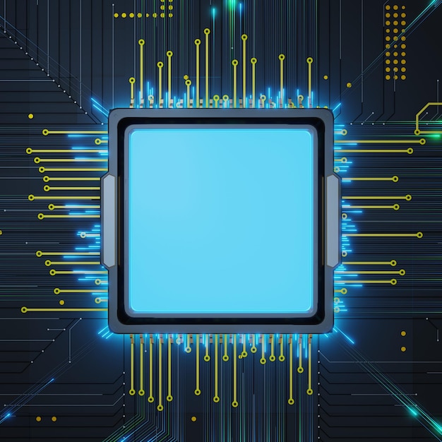 Brightly illuminated digital circuit board features a central processor unit surrounded by radiant connections intricate patterns of lines and nodes showcase advanced technology design 3d render