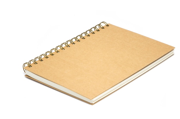 Brown spiral notebook over white background