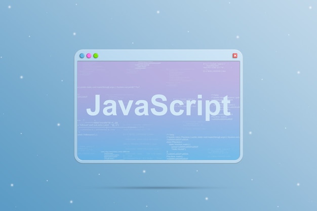 Browser window with Javascript programming language icon and with program code elements on the scree