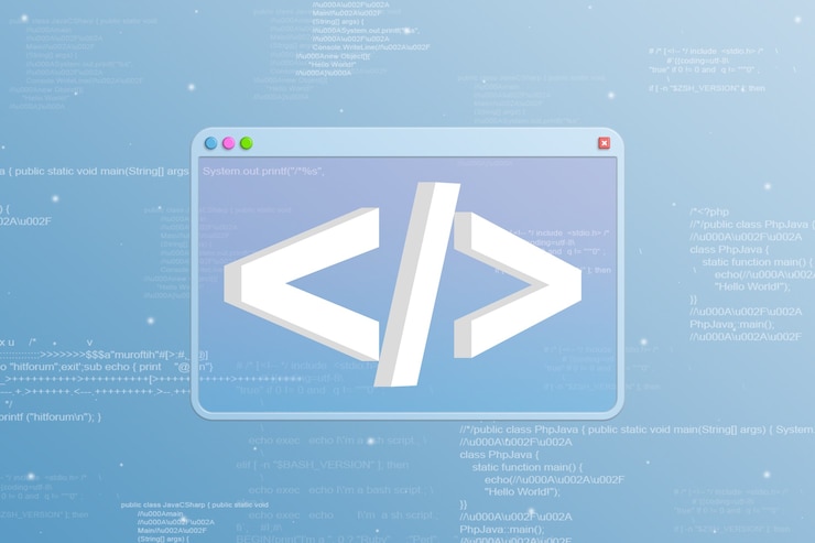 Kuva browser window with programming icon and code elements on background 3d