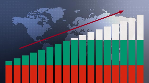 bulgaria flag on bar chart concept with increasing values economic recovery and business improving after crisis and other catastrophe as economy and businesses reopen again