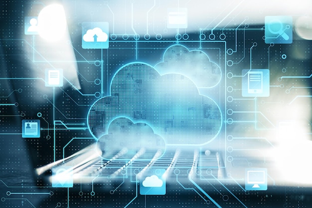 Business cloud computing digital screen with application cloud service icons and blurry laptop at background
