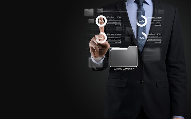 Business developer hand using board framework on virtual modern computer showing innovation Agile software development lean project management tool fast changes conceptDocument Management System DMS