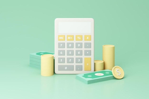 business investment profit concept and money saving wealth about money and financial planning with Bundle of money banknote and gold coins with calculator on green background realistic 3d render
