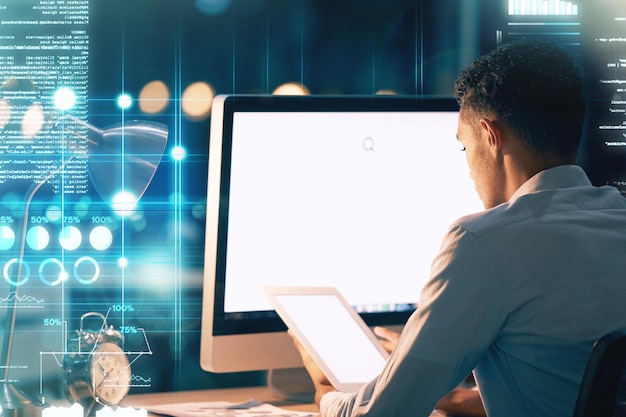 Business man and futuristic with mockup hologram and programming for data analytics coding or cyber security Male employee programmer or coder in office computer or tablet with holographic code