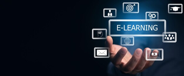 Business man holding elearning concept