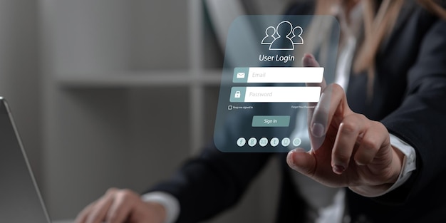 Business man pointing a login form digital marketing and internet security concept