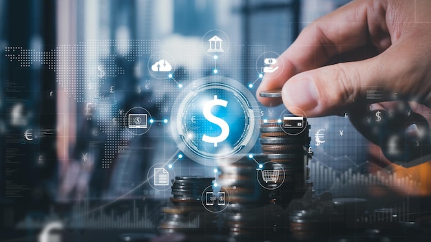 Business man putting coins Business growth and investment chart strategic planning to increase profits from doing business longterm investment planning