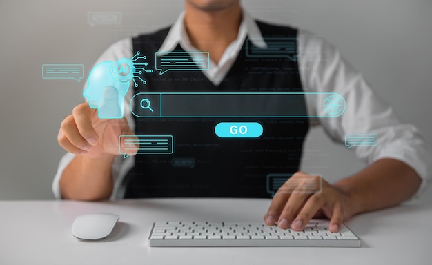 Business man searching online Big Data digital application Artificial Intelligence AI to help work on the futuristic business and coding software development on interfaces and network connections
