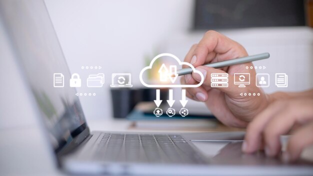 Business man showing concept of cloud computing