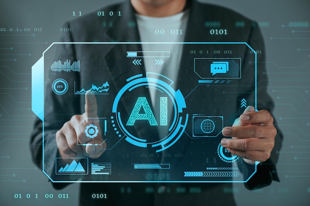 Business man using Artificial Intelligence AI in the futuristic business and coding software development on interface network connection Digital data technology design for computer brain