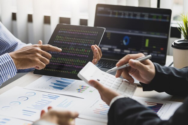 Business meeting brainstorm analyze growth strategies marketing and business investment planning Financial planning and accounting concepts