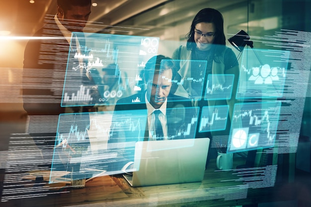 Business people laptop or 3D networking abstract in night office with digital marketing software data analysis code or teamwork Technology digital transformation or workers on cloud computing app