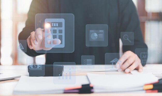 Business people planning annual tax deduction tax rate calculation and business