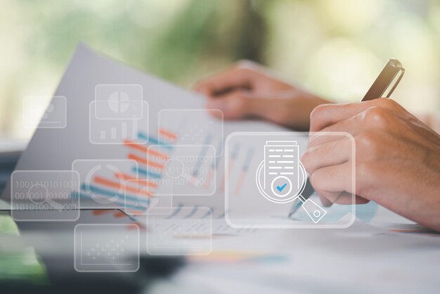 Business people read business statistics chart reports to analyze and improve corporate strateg