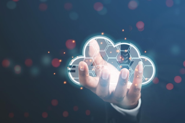 Business people show business data online in cloud data format to analyze business technology cloud