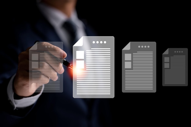 Business people signing electronic documents on digital documents paperless office future business contract signing