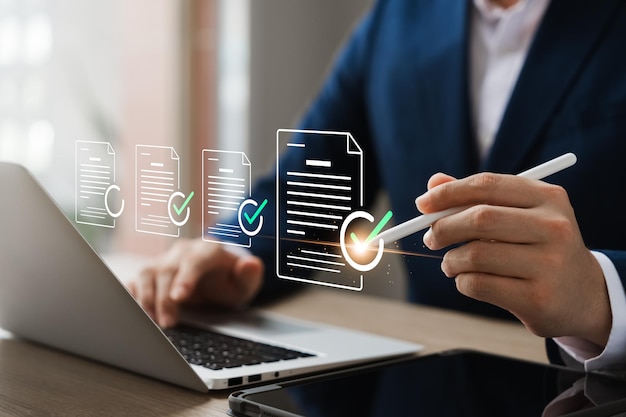 Business Performance Checklist Businessman Conducting Online Survey on Laptop enhancing business performance with a comprehensive checklist