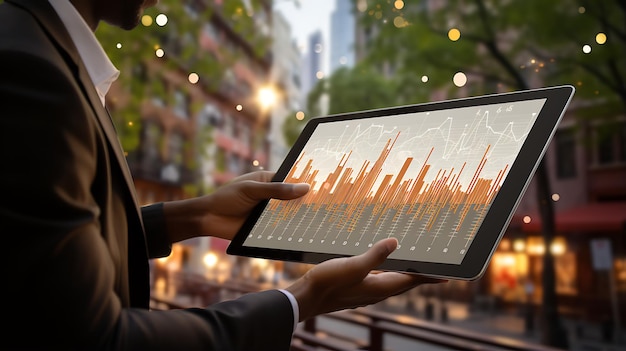 Business person using a tablet to analyze data AI technology analysis with a blurred background