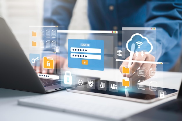 Business technology cloud computing service and file upload backup on cloud server storage web login or encryption for security user Cyber Security cloud data protection Safety internet concept
