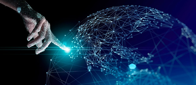 business woman hand touching abstract global network and data connection,Collaboration human and technology concept.