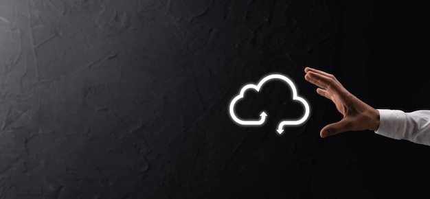 Business woman holding icon cloud computing network and icon connection data information in hand Cloud computing and technology concept