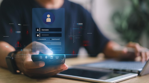 Businessman accessing secure login interface on smartphone with digital padlock cyber security