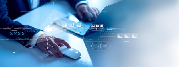 Businessman analysis sales data on economic growth graph Digital marketing on global business