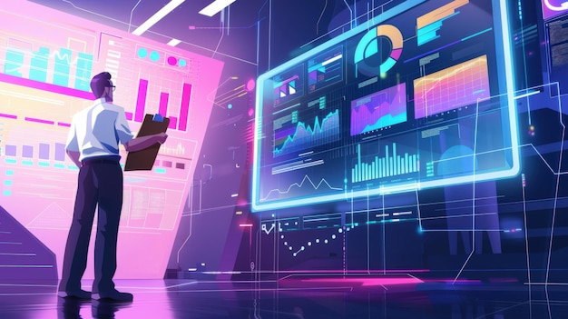 Businessman analyzing graphs on virtual screens in futuristic control room