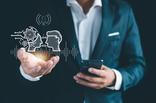 Businessman chatting with AI technology robot robot through AI secretary future technology