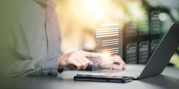 businessman checking steps through virtual online document with list of checkboxes concepts of practices and policies company articles of association terms and conditions contracts and agreements