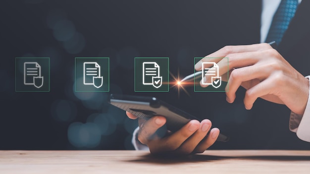 Businessman checking the steps through document with a list of checkboxes regulationsC