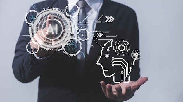 Businessman hand touching artificial intelligence icon on virtual screen