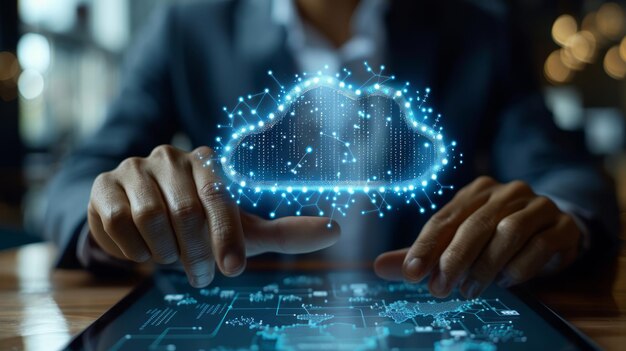 Businessman hand touching cloud button on display screen Cloud data technology concept
