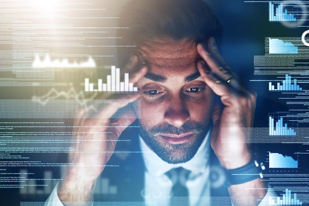 Businessman headache and night with stress or overlay for corporate analytics debt or financial loss at office Graphs man or analyst working late with migraine or dashboard for bad investment