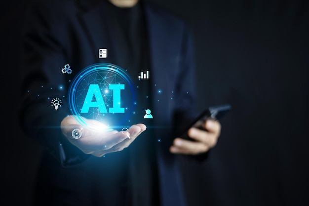 Businessman holding AI technology hologram with futuristic interface for data analysis and innovation in modern digital transformation