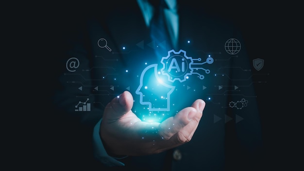 Businessman holding brain of AI Symbolic Machine learning artificial intelligence of futuristic
