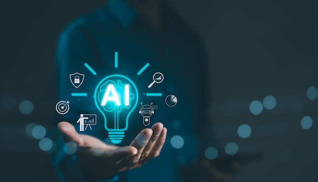 Businessman holding lightbulb of AI and artificial intelligence automation Computer connection with information intelligent technology AI prompt generate AI for business AI tech concept Chat bot